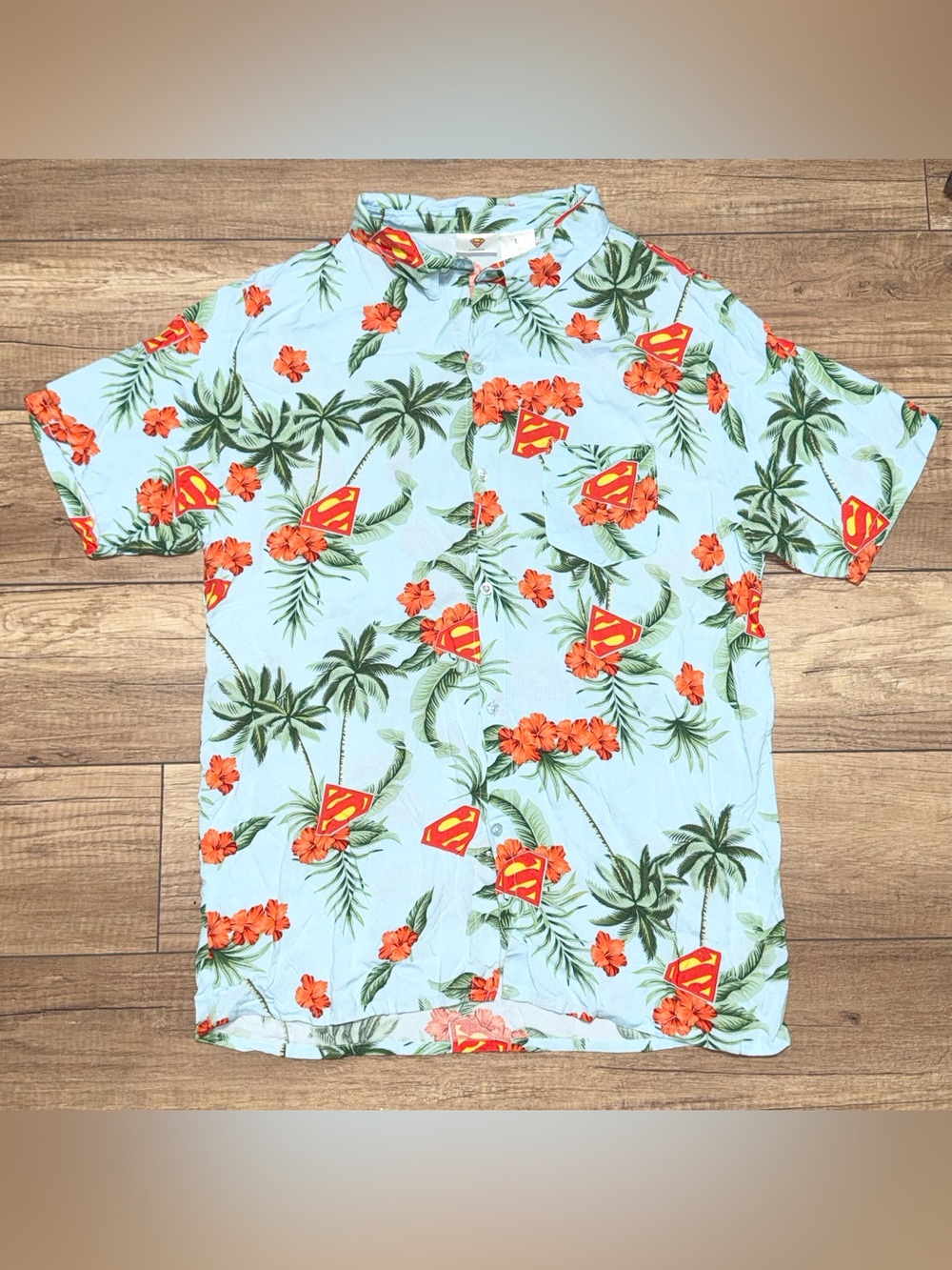 DC Superman Superhero Comics Tropical Hawaiian Design Button Up Shirt Mens L